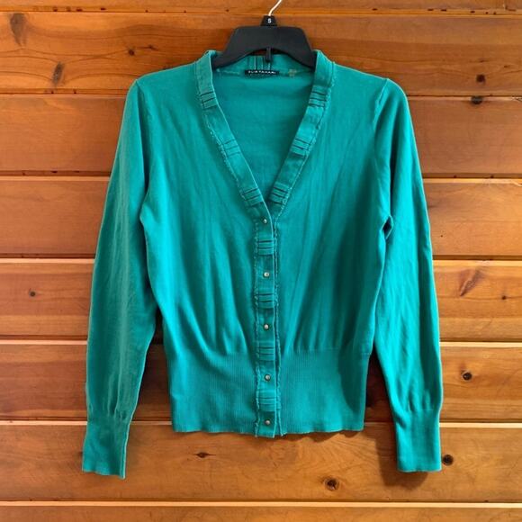 Tahari Turquoise Snap Up Cotton Cardigan Sweater Blouse - Large - Picture 4 of 10